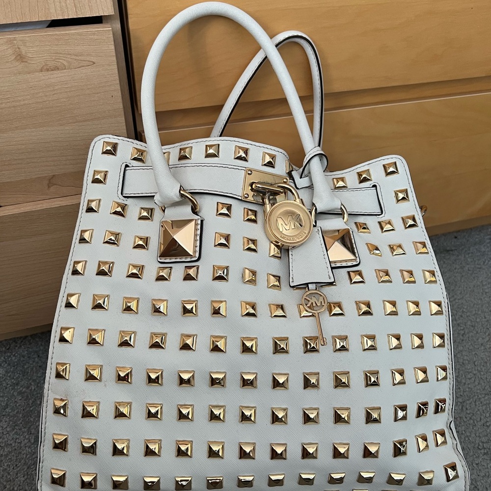 Preloved Michael Kors White Tote with Gold Studs reg $648